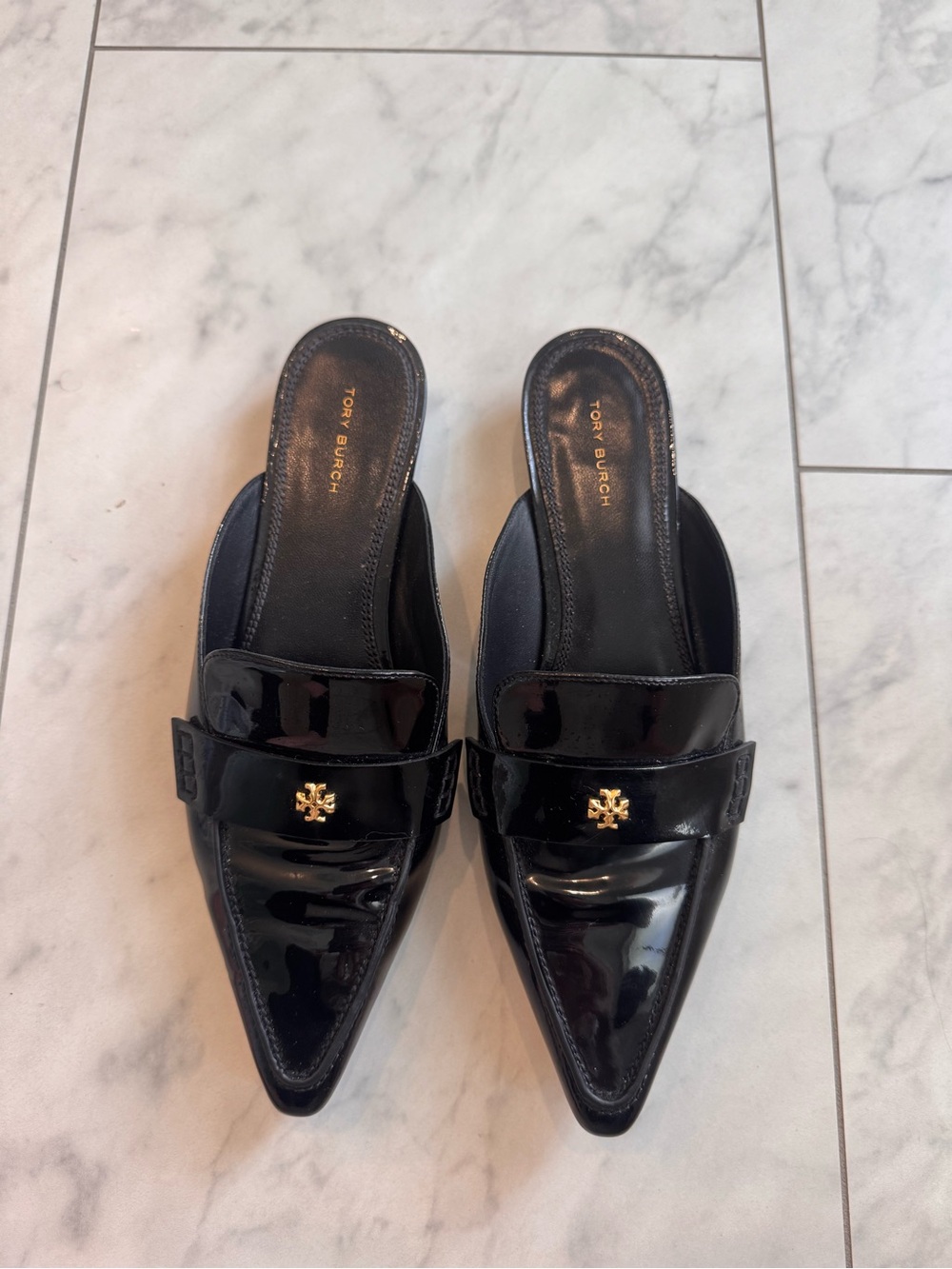 Tory Burch Black Patent Pointed Slip-On Mules with Gold Logo